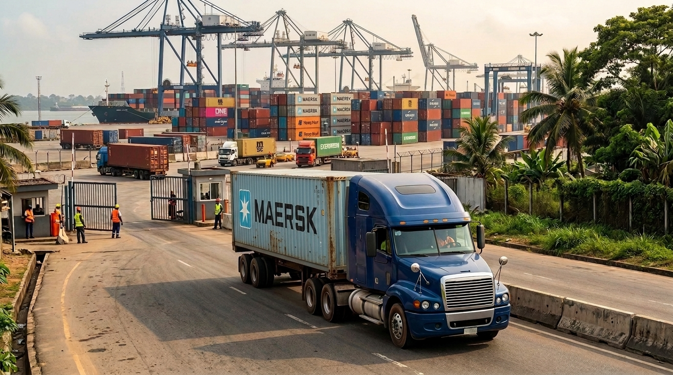 Container truck leaving a Nigerian seaport with cranes and stacked shipping containers